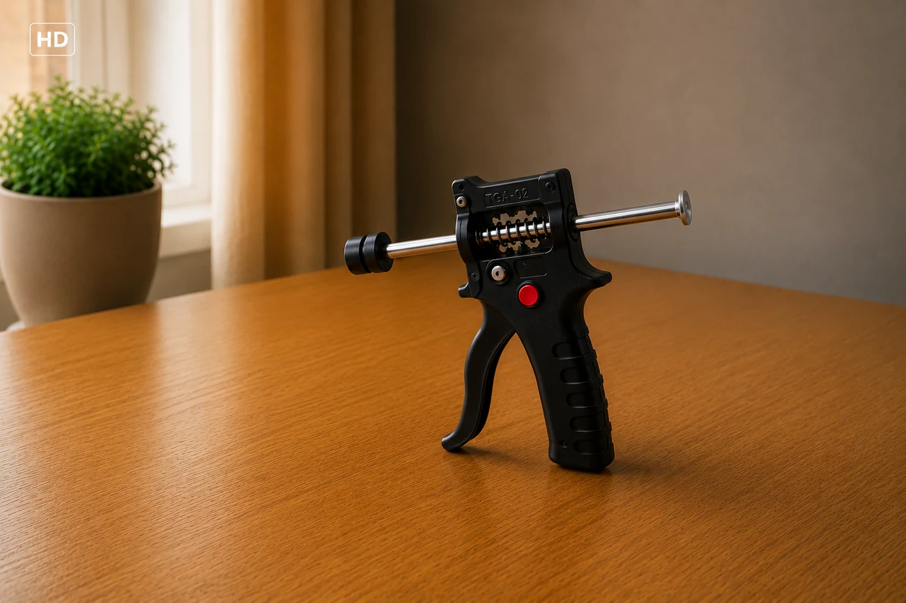 Pistolet applicateur ACCUTHOR TGA-02 pour gel anti-cafards et fourmis, posé sur un plan de travail