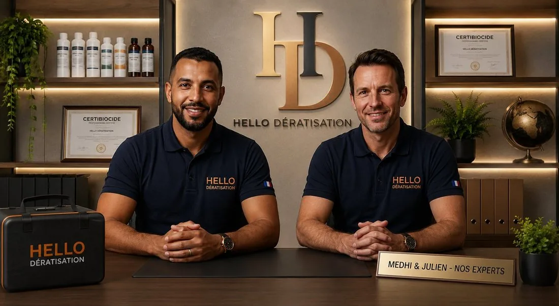 Medhi et Julien, fondateurs de Hello Dératisation Marseille, techniciens certifiés Certibiocide